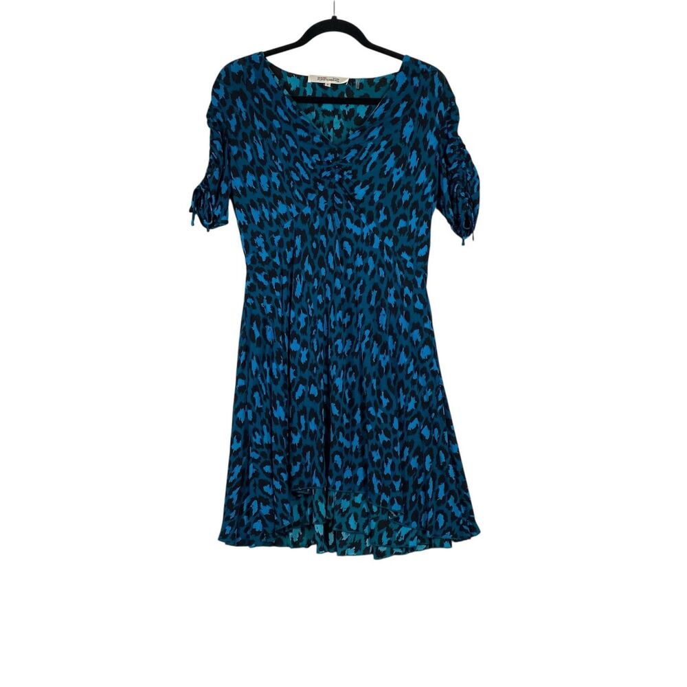 Diane von Furstenberg Dress Womens 8 Blue Leopard Print Ruched A-Line 13657DVF